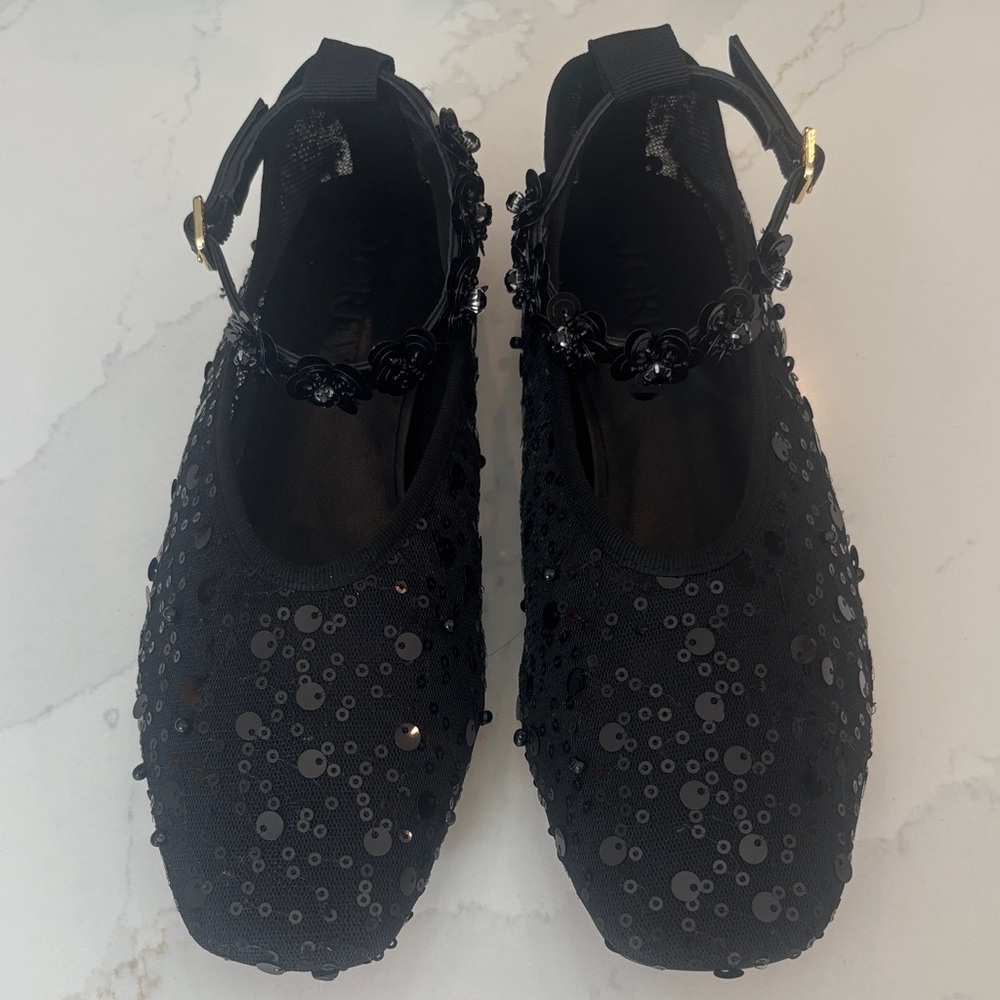 J. Crew Quinn Black Sequin And Mesh Ballet Flats w/Removable Ankle Strap Sz 7.5 - Picture 3 of 12